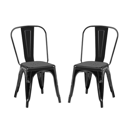 Set of 2 High Gloss Black Industrial Metal Dining Chairs 18 Inch Seat Height Stackable Indoor Outdoor, Lightweight Easy-Clean Surface, Easy Assembly, Durable Modern Design, For Kitchen Cafe Bar