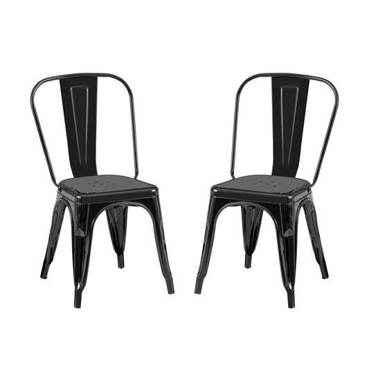 Set of 2 High Gloss Black Industrial Metal Dining Chairs 18 Inch Seat Height Stackable Indoor Outdoor, Lightweight Easy-Clean Surface, Easy Assembly, Durable Modern Design, For Kitchen Cafe Bar