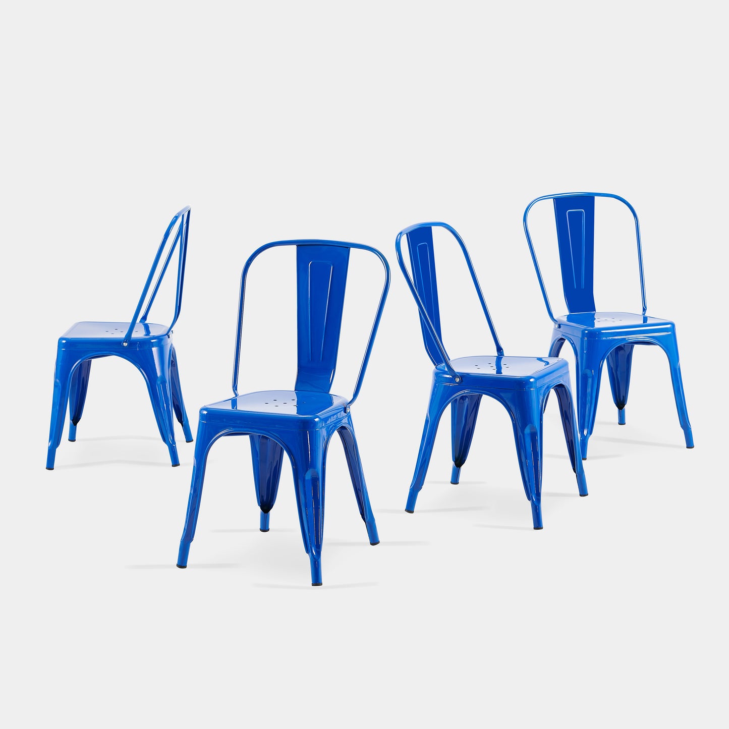 Set of 4 High Gloss Blue Industrial Metal Dining Chairs 18 Inch Seat Height Stackable Indoor Outdoor, Lightweight Easy-Clean Surface, Easy Assembly, Durable Modern Design, For Kitchen Cafe Bar