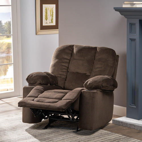 Luxurious Manual Recliner Chair in Chocolate with Skin-Friendly Fabric and Dual Cup Holders