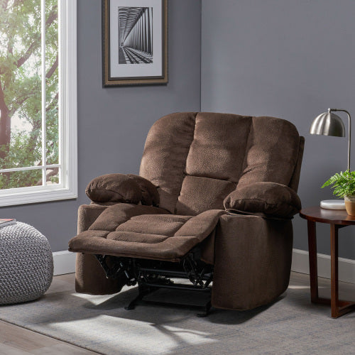 Luxurious Manual Recliner Chair in Chocolate with Skin-Friendly Fabric and Dual Cup Holders