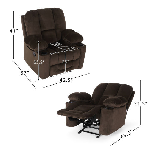 Luxurious Manual Recliner Chair in Chocolate with Skin-Friendly Fabric and Dual Cup Holders