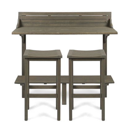 3-Piece Balcony Bar Set with Bottom Shelf Table and 2 Stools, Grey Finish