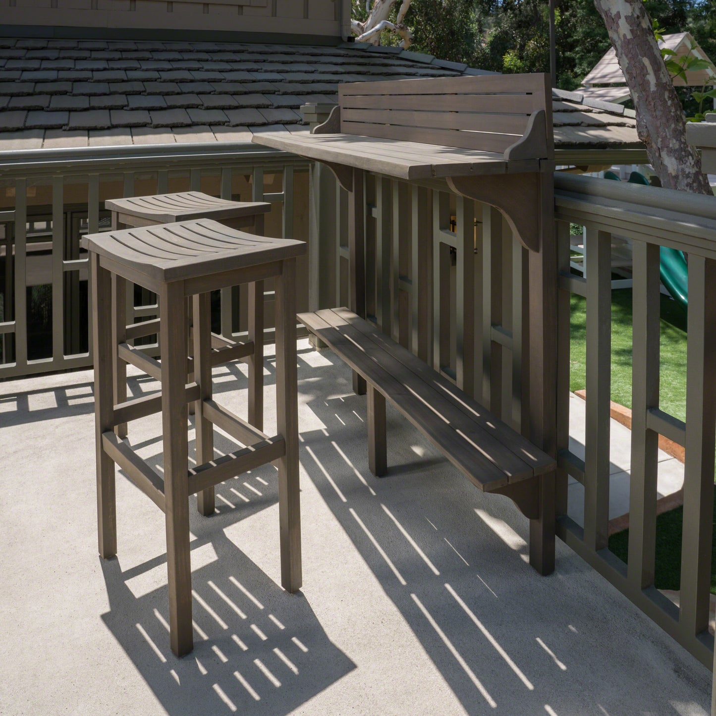 3-Piece Balcony Bar Set with Bottom Shelf Table and 2 Stools, Grey Finish