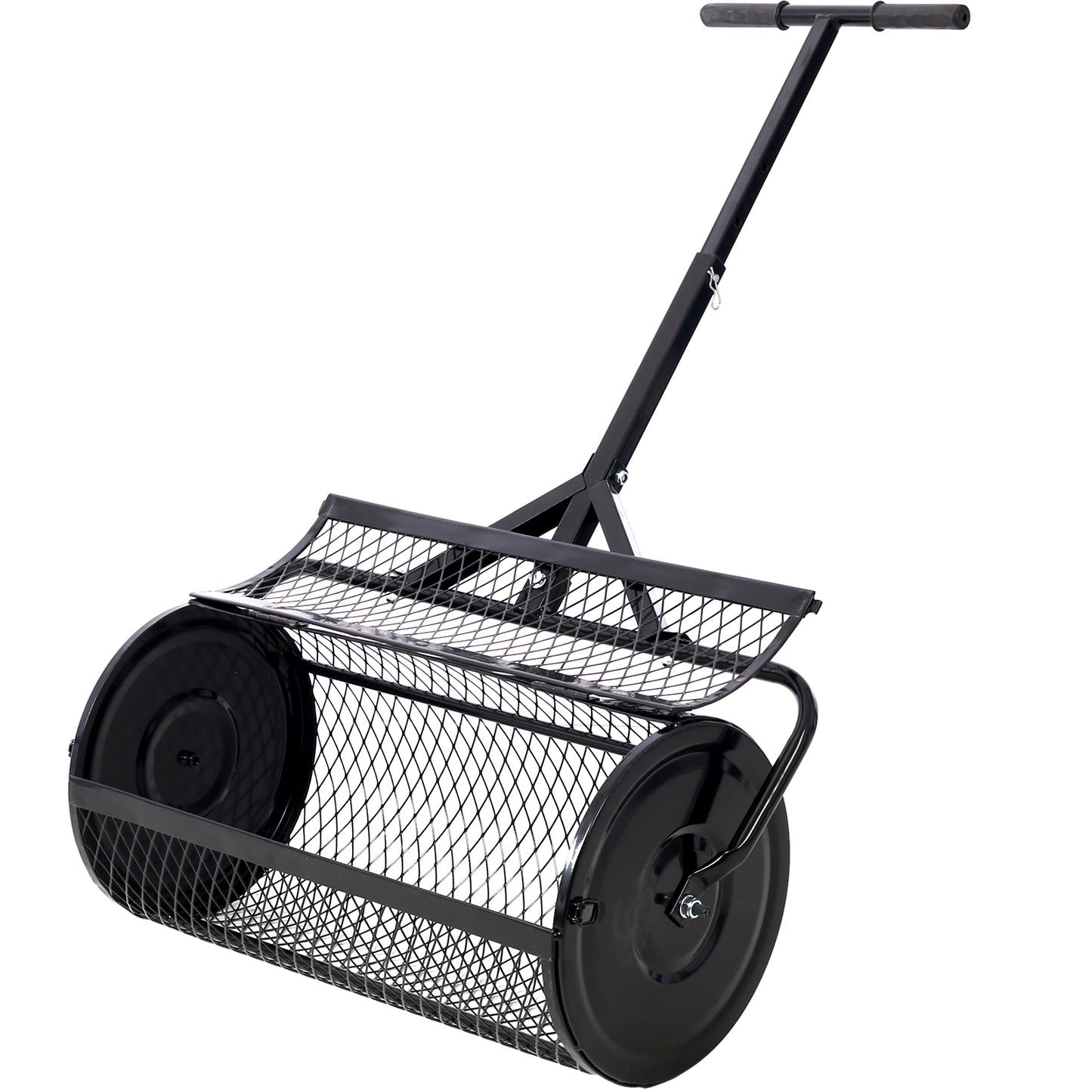 Peat Moss Spreader 24inch,Compost Spreader Metal Mesh,T shaped Handle for planting seeding,Lawn and Garden Care Manure Spreaders Roller ,black
