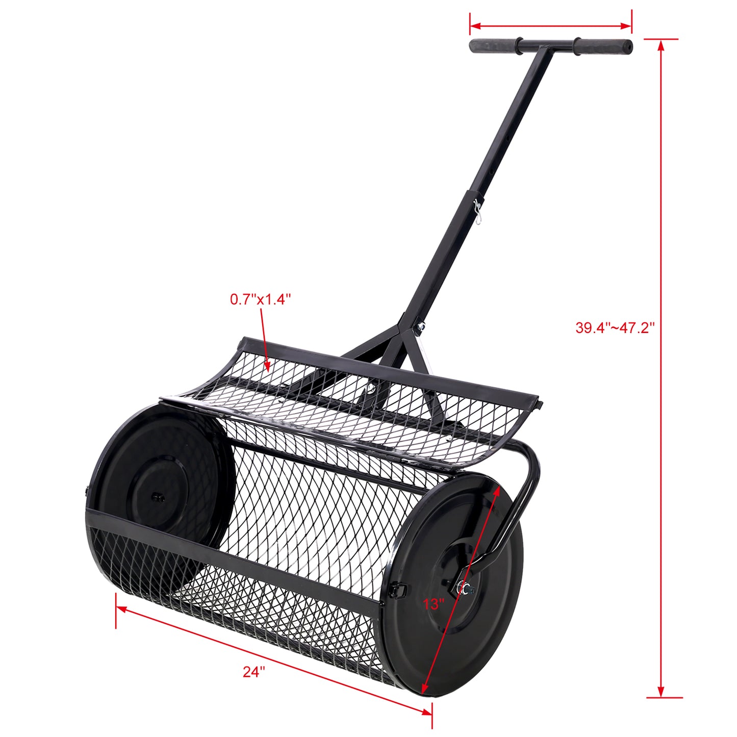 Peat Moss Spreader 24inch,Compost Spreader Metal Mesh,T shaped Handle for planting seeding,Lawn and Garden Care Manure Spreaders Roller ,black