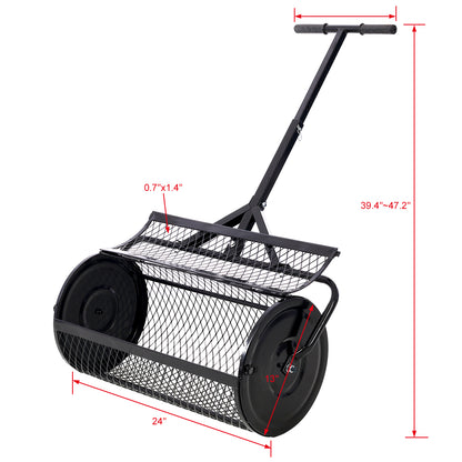 Peat Moss Spreader 24inch,Compost Spreader Metal Mesh,T shaped Handle for planting seeding,Lawn and Garden Care Manure Spreaders Roller ,black