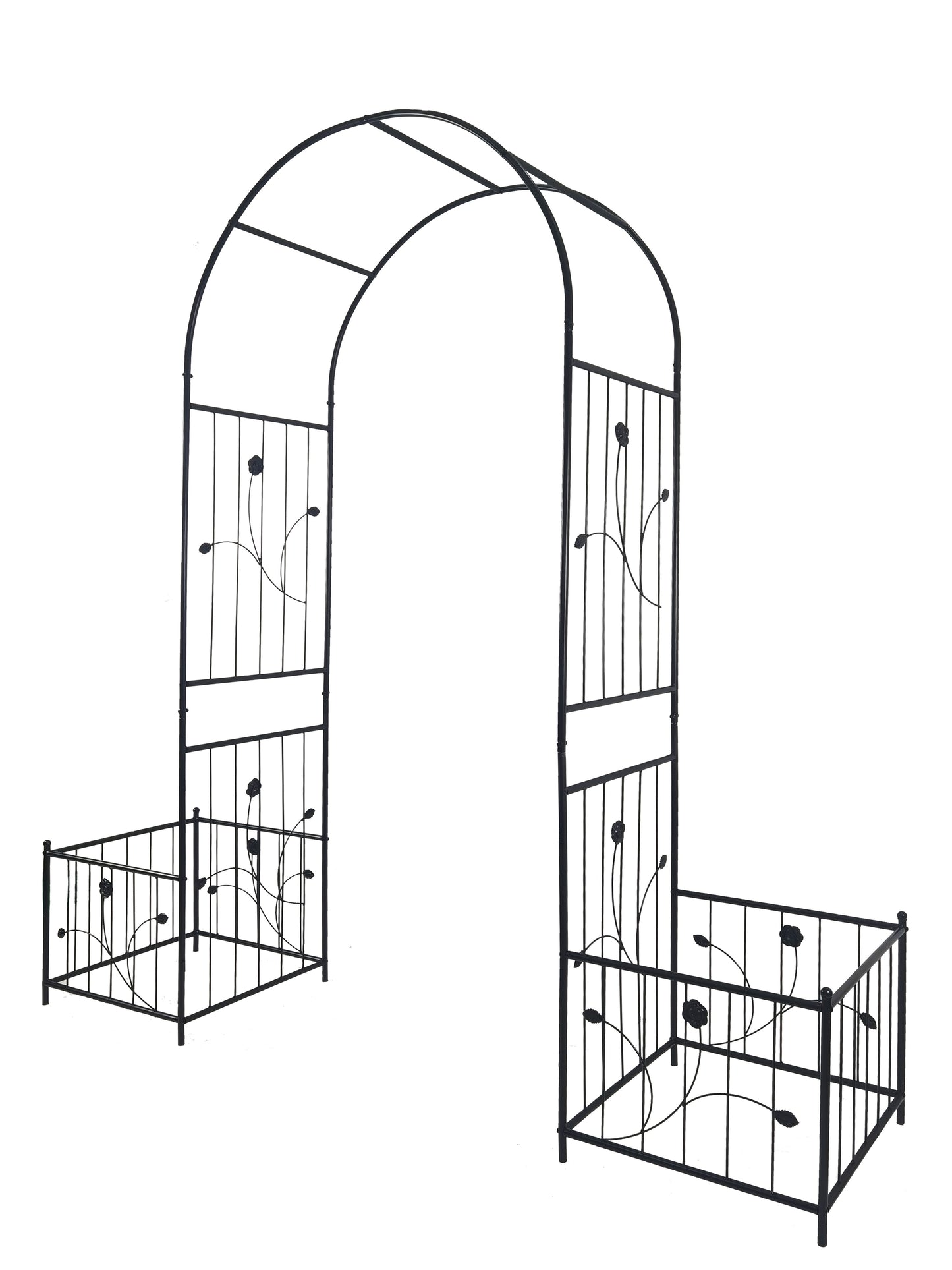 Metal Garden Arch with two plant stands 79.5'' Wide x 86.6'' High Climbing Plants Support Rose Arch Outdoor Black