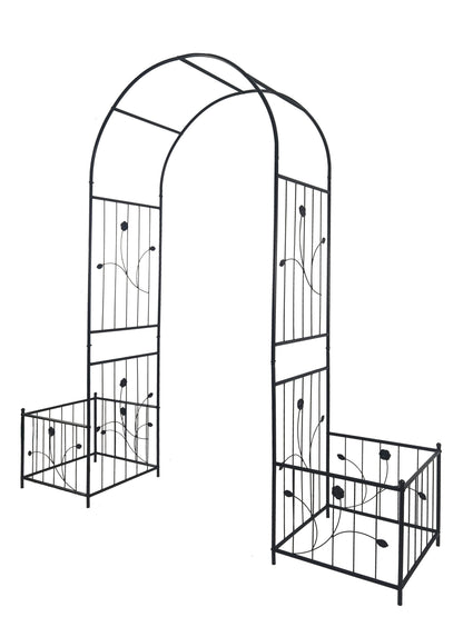 Metal Garden Arch with two plant stands 79.5'' Wide x 86.6'' High Climbing Plants Support Rose Arch Outdoor Black