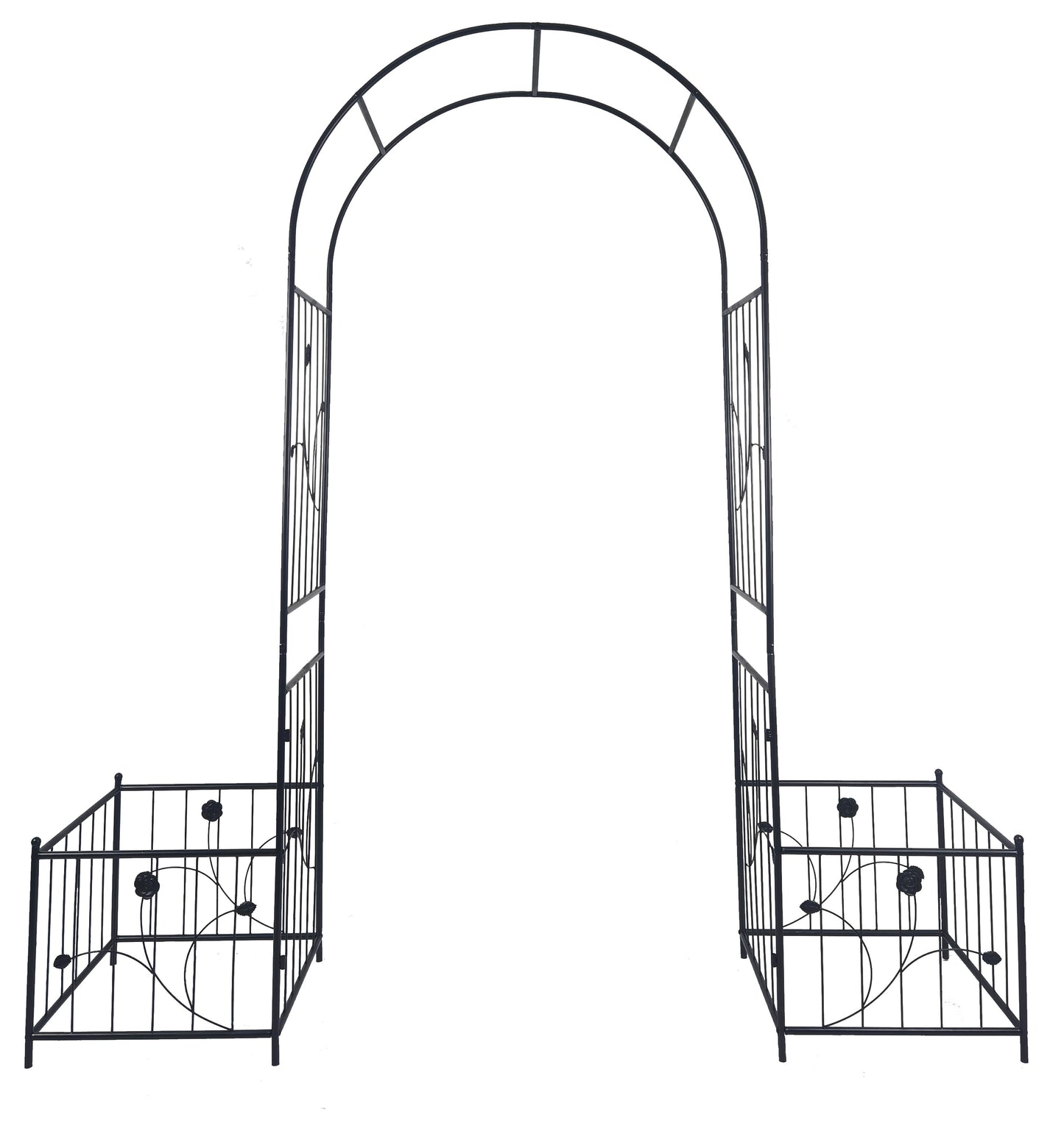 Metal Garden Arch with two plant stands 79.5'' Wide x 86.6'' High Climbing Plants Support Rose Arch Outdoor Black