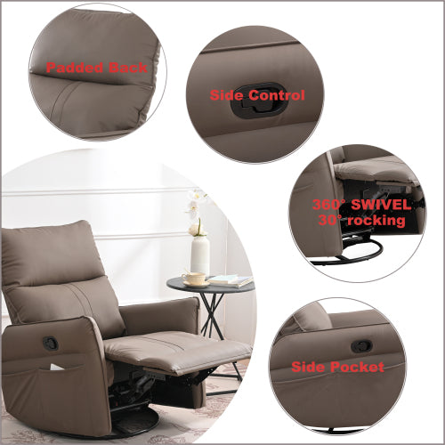 PU Rocking Recliner Chair,360° Swivel Nursery Rocking Chair,Glider Chair,Modern Small Rocking Swivel Recliner Chair for Bedroom,Living Room Chair Home Theater Seating,Side Pocket(Brown+360° Swivel)