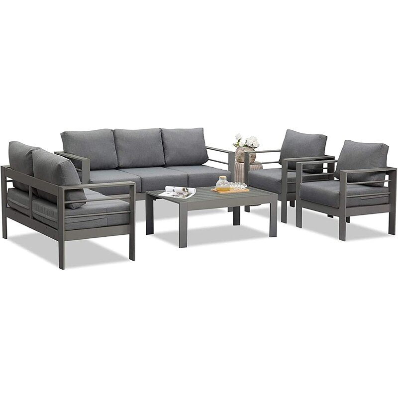 5 Pieces Outdoor All-Weather Conversation Set, Sectional Sofa, Aluminum Couch - Dark Gray Cushions