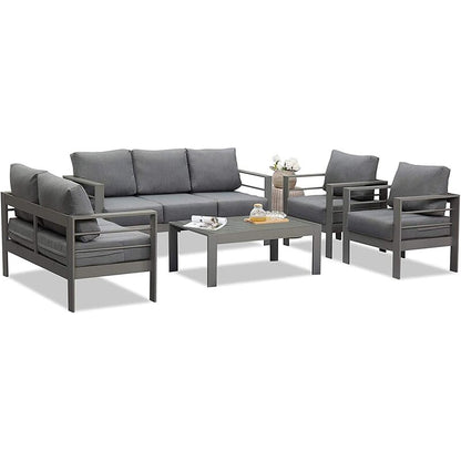 5 Pieces Outdoor All-Weather Conversation Set, Sectional Sofa, Aluminum Couch - Dark Gray Cushions