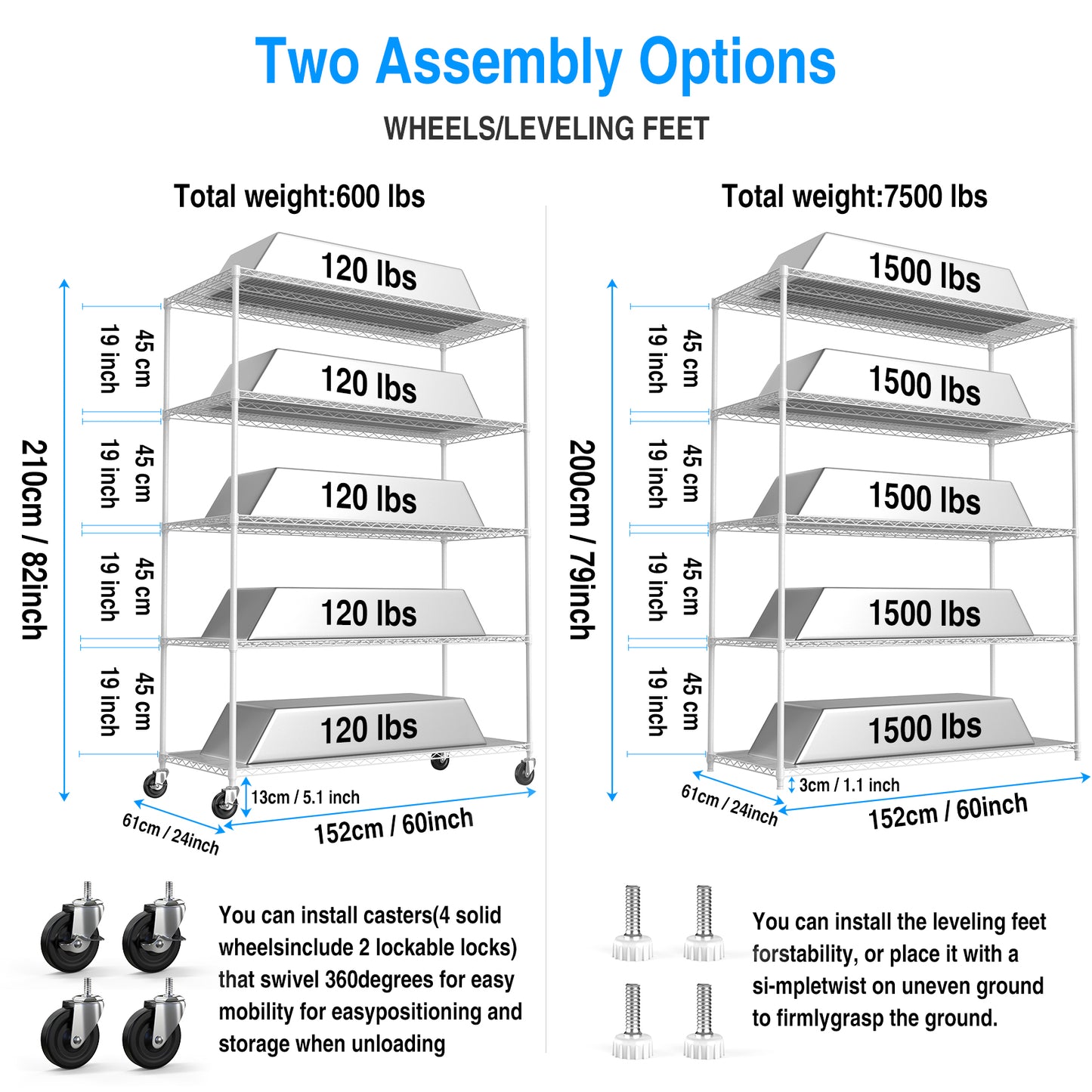5 Tier 7500lbs Heavy Duty Adjustable Storage Rack Metal Shelf Wire Shelving Unit with Wheels & Shelf Liners - 82" H x 60" L x 24" D - White