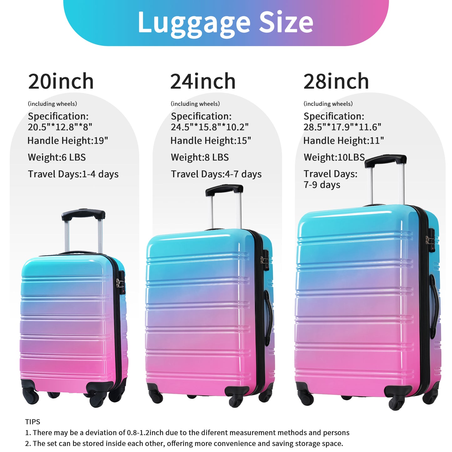 Hardshell Luggage Sets 3 Piece Gradient Color Expandable Suitcase with Spinner Wheels and TSA Lock Lightweight 20" 24" 28" Available,Blue and Red