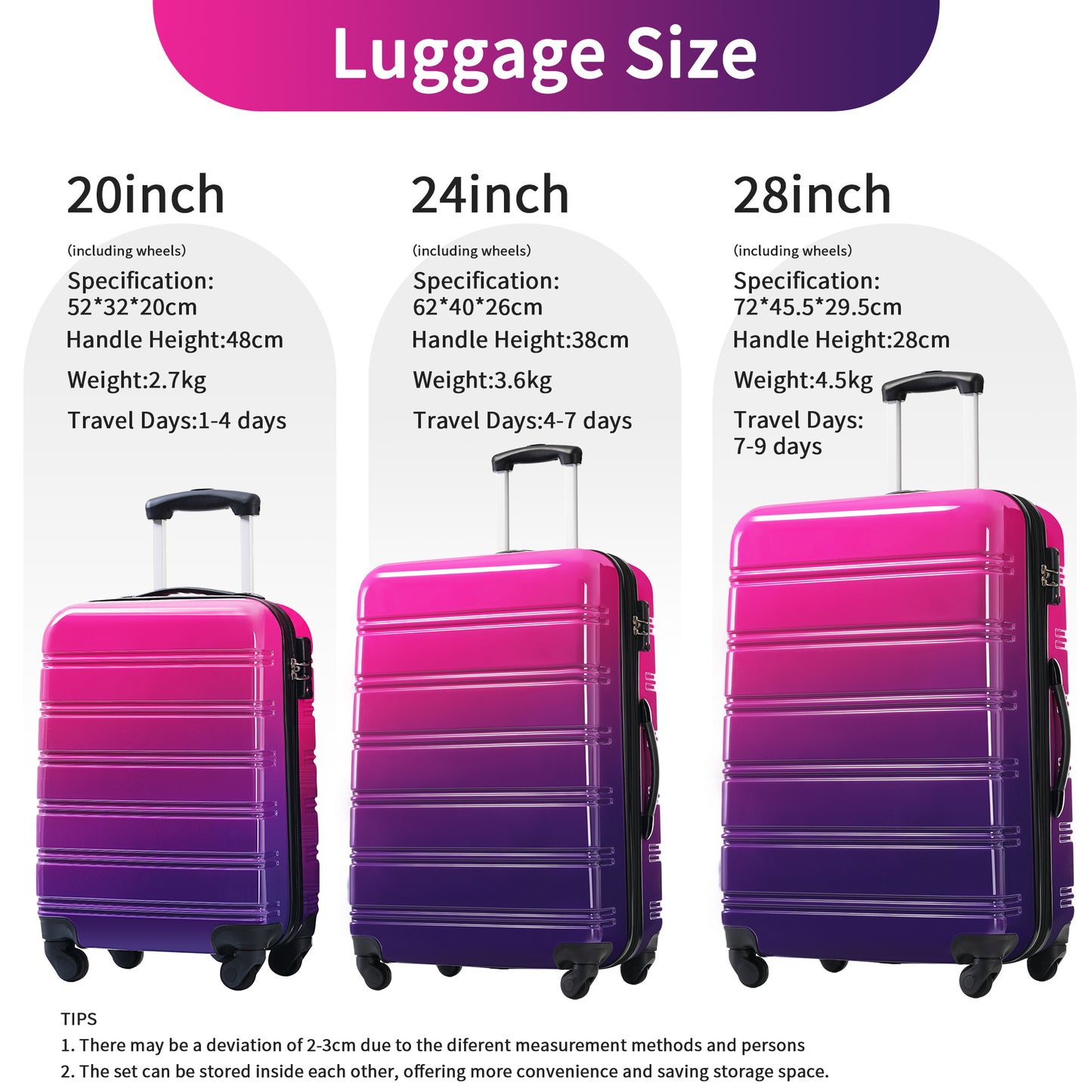 Hardshell Luggage Sets 3 Piece Gradient Color Expandable Suitcase with Spinner Wheels and TSA Lock Lightweight 20" 24" 28" Available,Purple and Pink