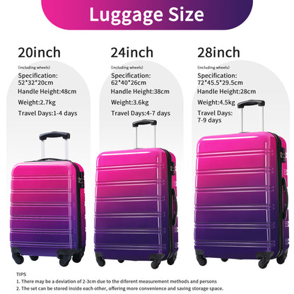 Hardshell Luggage Sets 3 Piece Gradient Color Expandable Suitcase with Spinner Wheels and TSA Lock Lightweight 20" 24" 28" Available,Purple and Pink