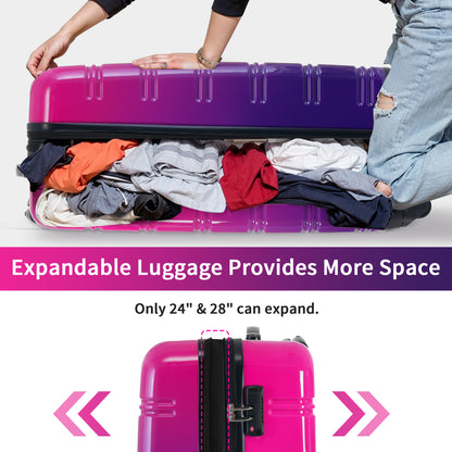 Hardshell Luggage Sets 3 Piece Gradient Color Expandable Suitcase with Spinner Wheels and TSA Lock Lightweight 20" 24" 28" Available,Purple and Pink