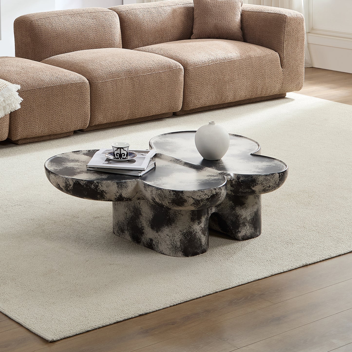 Butterfly design style, coffee table, imitation natural limestone material, suitable for living room/office, fiberglass, black and beige combination.