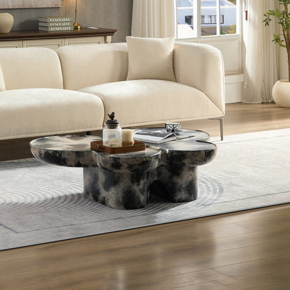 Butterfly design style, coffee table, imitation natural limestone material, suitable for living room/office, fiberglass, black and beige combination.