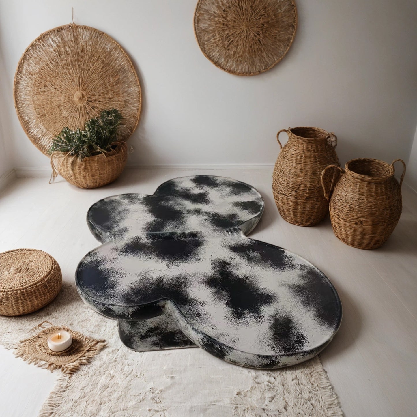 Butterfly design style, coffee table, imitation natural limestone material, suitable for living room/office, fiberglass, black and beige combination.