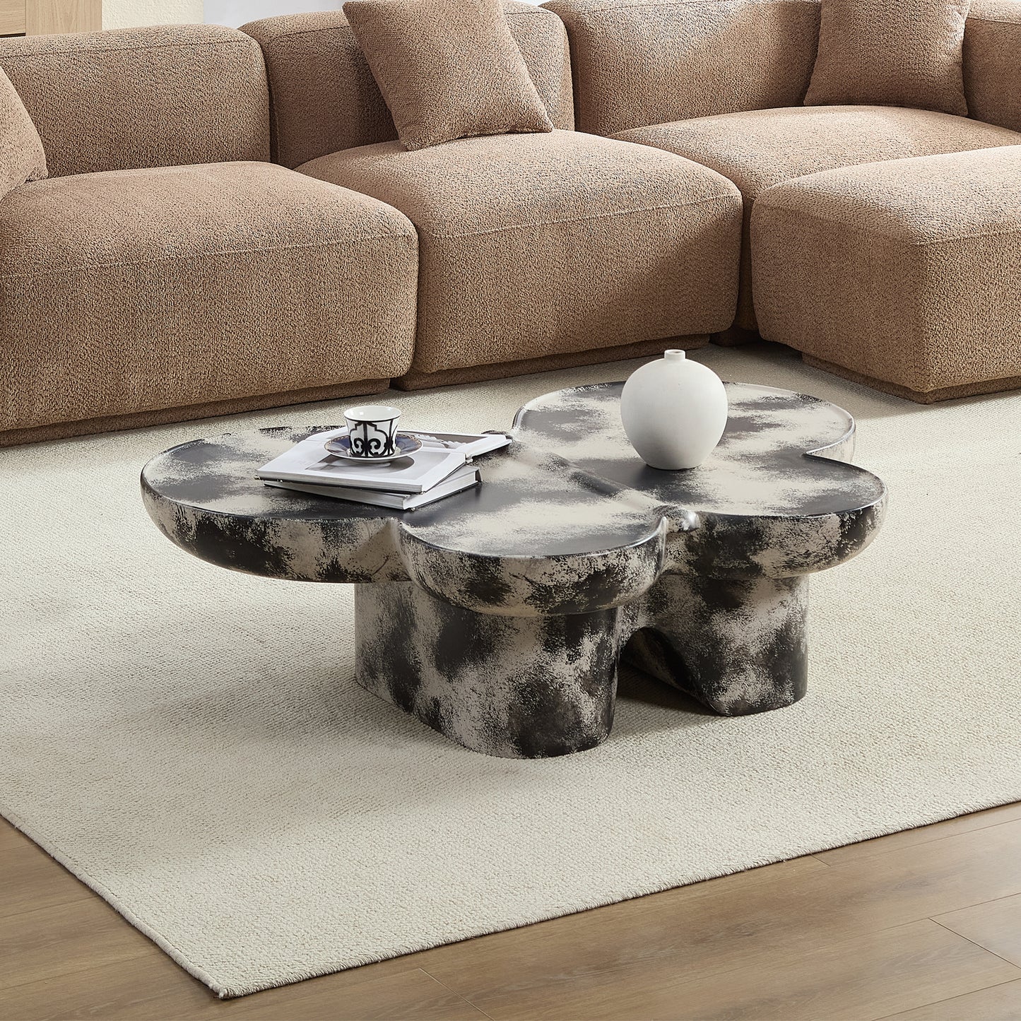 Butterfly design style, coffee table, imitation natural limestone material, suitable for living room/office, fiberglass, black and beige combination.