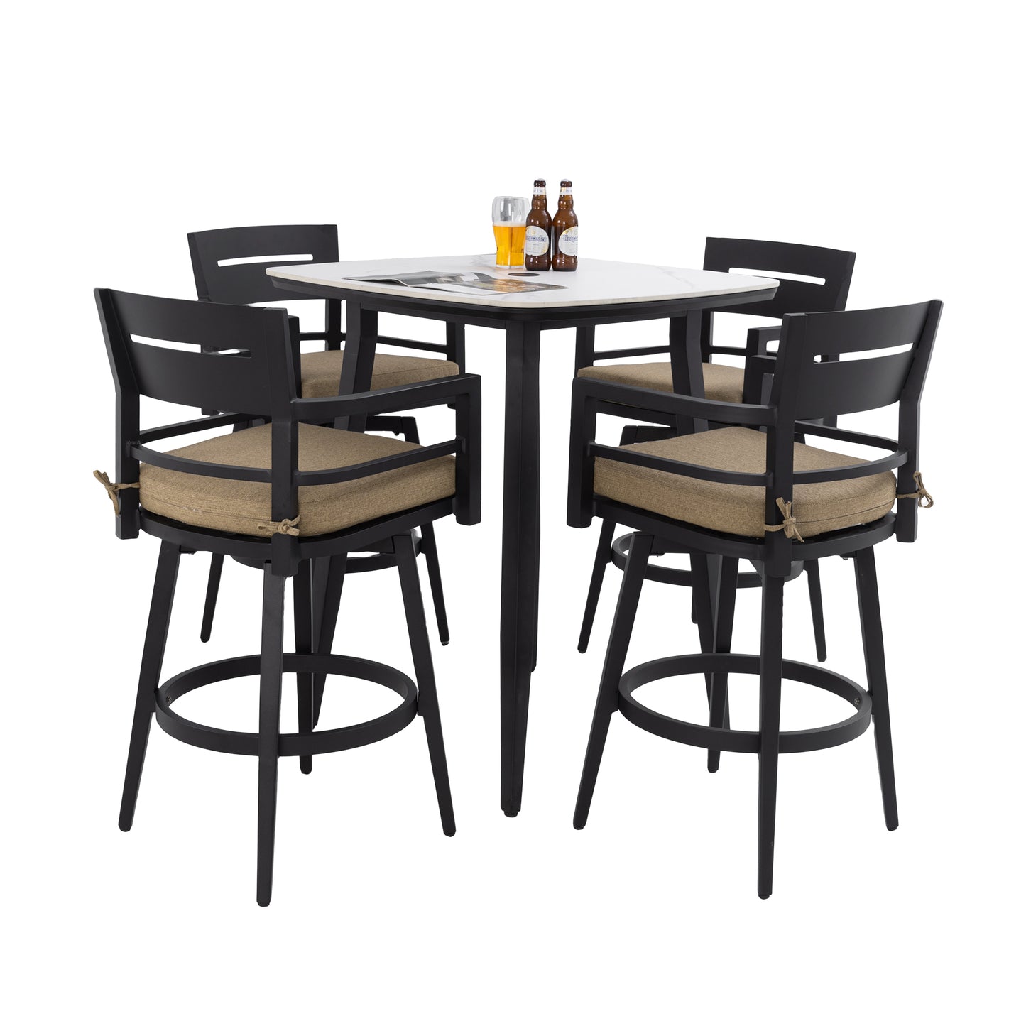 5PC Outdoor Patio Bar Set,Rounded Square Sintered Stone Table & 4 Swivel Bar Chairs,Non-Rust Aluminum Frame,Ember Black, Marble-Inspired Top,Bearing Swivel Plate,Tapered Legs,Sunbrella Cushion