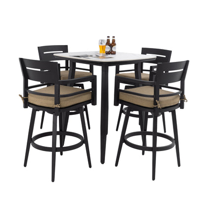 5PC Outdoor Patio Bar Set,Rounded Square Sintered Stone Table & 4 Swivel Bar Chairs,Non-Rust Aluminum Frame,Ember Black, Marble-Inspired Top,Bearing Swivel Plate,Tapered Legs,Sunbrella Cushion
