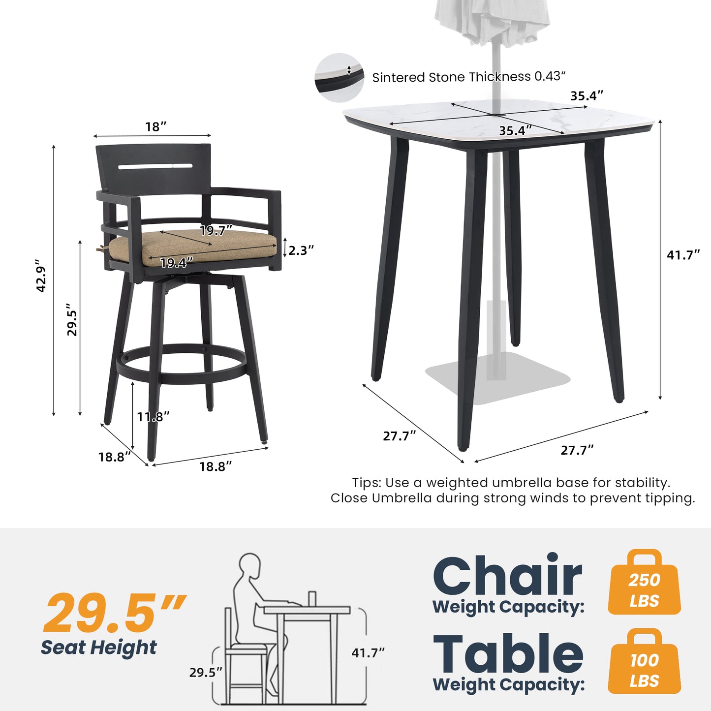 5PC Outdoor Patio Bar Set,Rounded Square Sintered Stone Table & 4 Swivel Bar Chairs,Non-Rust Aluminum Frame,Ember Black, Marble-Inspired Top,Bearing Swivel Plate,Tapered Legs,Sunbrella Cushion