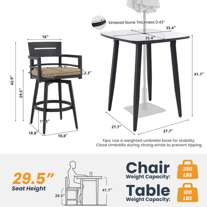 5PC Outdoor Patio Bar Set,Rounded Square Sintered Stone Table & 4 Swivel Bar Chairs,Non-Rust Aluminum Frame,Ember Black, Marble-Inspired Top,Bearing Swivel Plate,Tapered Legs,Sunbrella Cushion