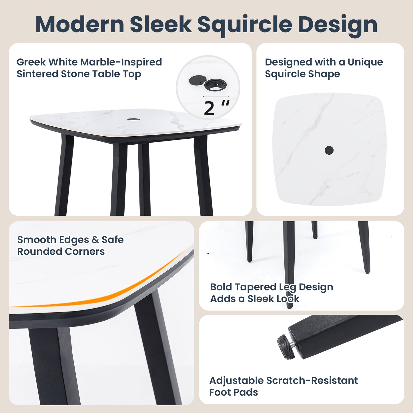 5PC Outdoor Patio Bar Set,Rounded Square Sintered Stone Table & 4 Swivel Bar Chairs,Non-Rust Aluminum Frame,Ember Black, Marble-Inspired Top,Bearing Swivel Plate,Tapered Legs,Sunbrella Cushion