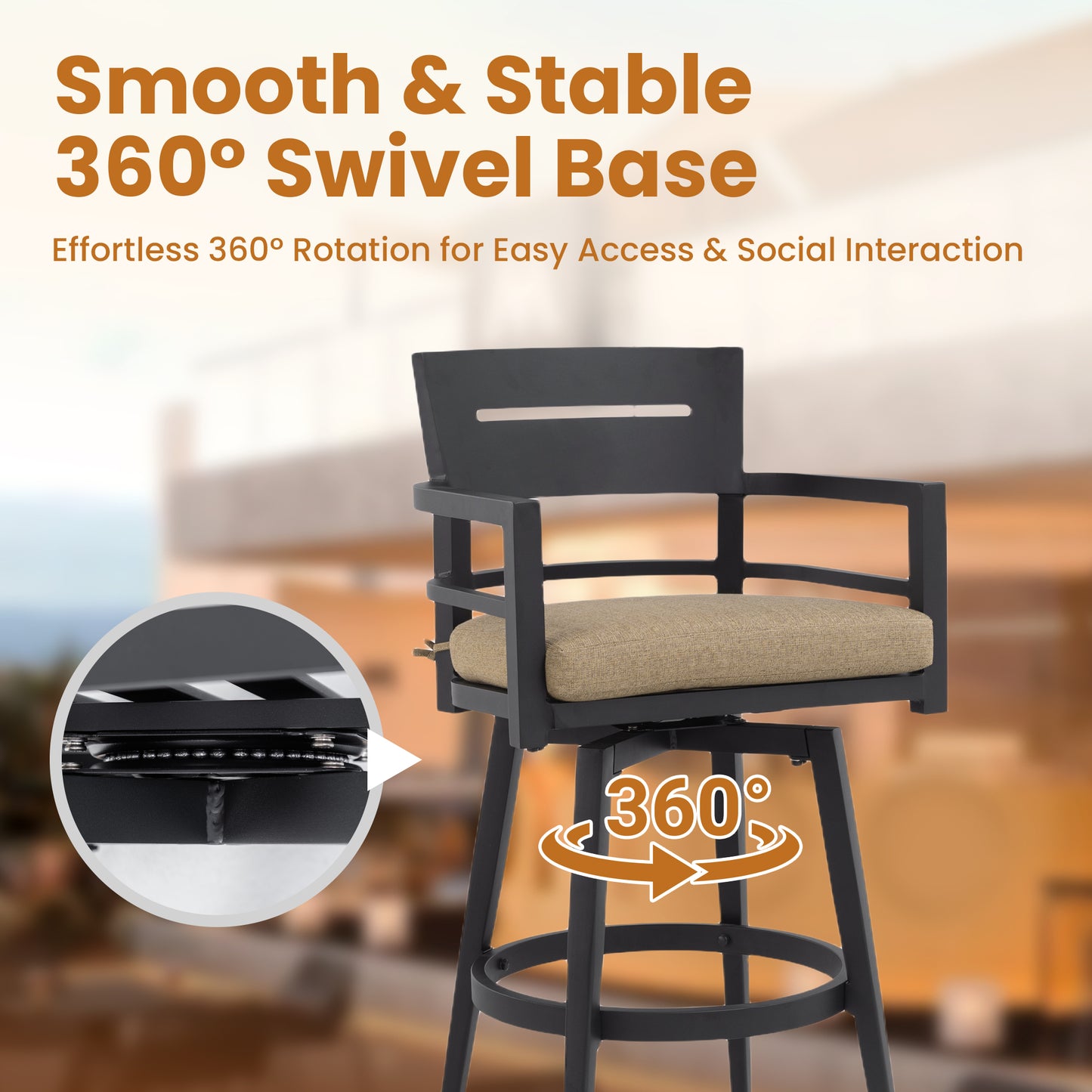 5PC Outdoor Patio Bar Set,Rounded Square Sintered Stone Table & 4 Swivel Bar Chairs,Non-Rust Aluminum Frame,Ember Black, Marble-Inspired Top,Bearing Swivel Plate,Tapered Legs,Sunbrella Cushion
