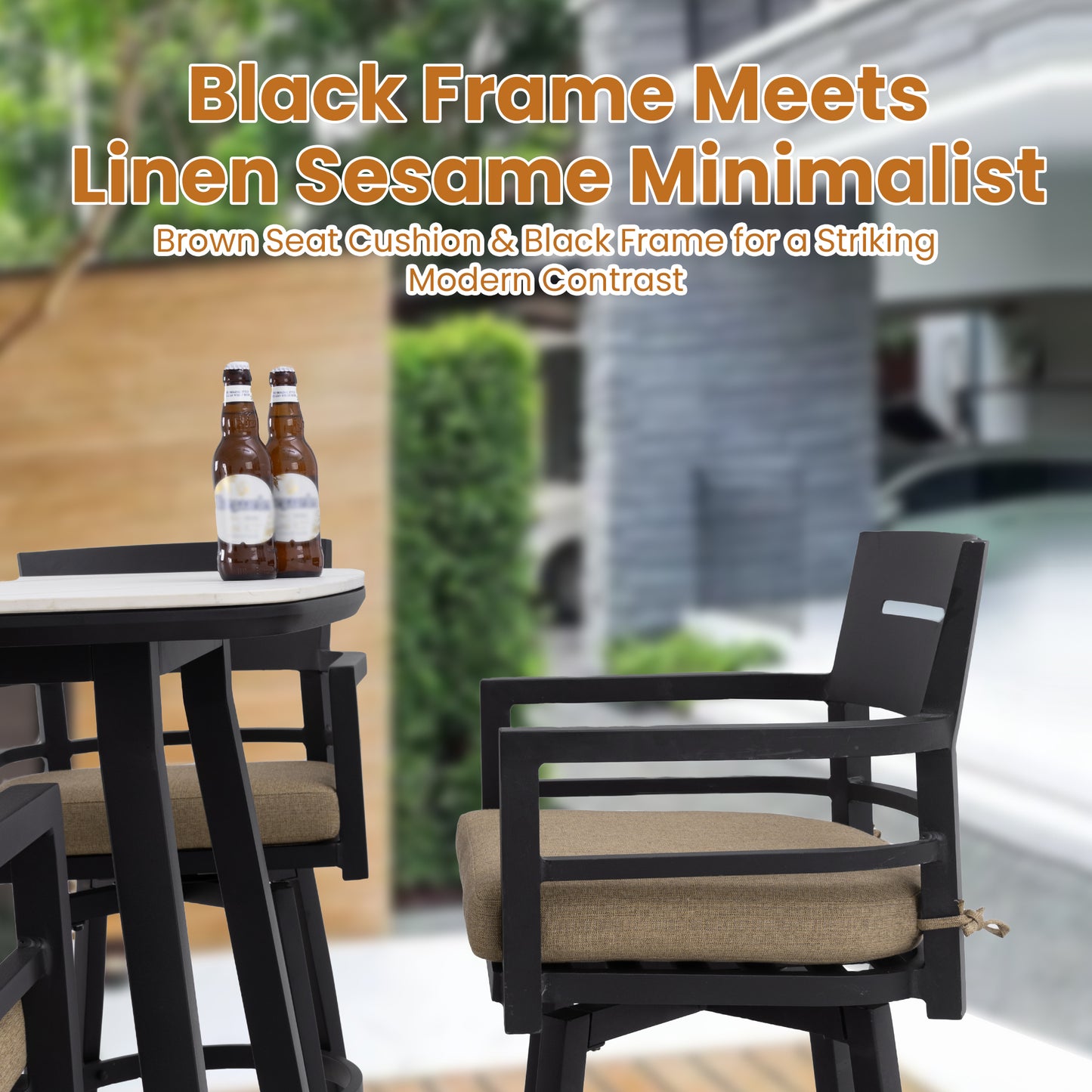 5PC Outdoor Patio Bar Set,Rounded Square Sintered Stone Table & 4 Swivel Bar Chairs,Non-Rust Aluminum Frame,Ember Black, Marble-Inspired Top,Bearing Swivel Plate,Tapered Legs,Sunbrella Cushion