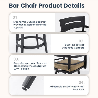 5PC Outdoor Patio Bar Set,Rounded Square Sintered Stone Table & 4 Swivel Bar Chairs,Non-Rust Aluminum Frame,Ember Black, Marble-Inspired Top,Bearing Swivel Plate,Tapered Legs,Sunbrella Cushion