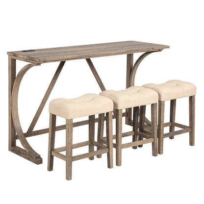 4-Piece Bar Table Set with Power Outlet, Dining Bar Table and Chairs Set,Bar Table Set with 3 Padded Stools for Living Room, Dining Room, Game Room, Brown