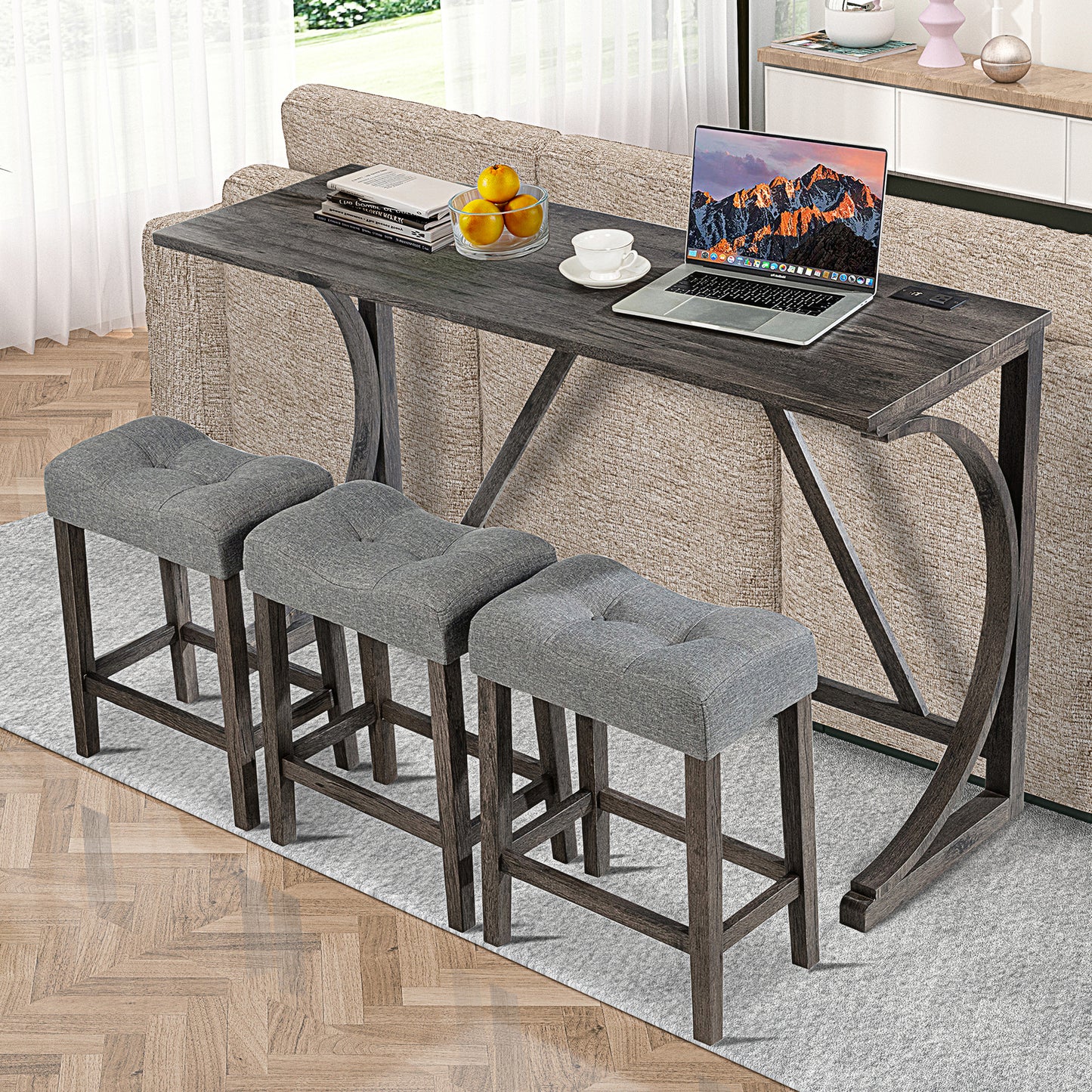 4-Piece Bar Table Set with Power Outlet, Dining Bar Table and Chairs Set,Bar Table Set with 3 Padded Stools for Living Room, Dining Room, Game Room, Dark Gray
