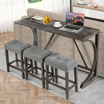 4-Piece Bar Table Set with Power Outlet, Dining Bar Table and Chairs Set,Bar Table Set with 3 Padded Stools for Living Room, Dining Room, Game Room, Dark Gray