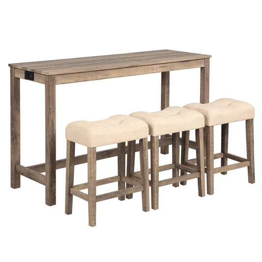 4-Piece Bar Table Set with Power Outlet, Dining Bar Table and Chairs Set,Bar Table Set with 3 Padded Stools for Living Room, Dining Room, Game Room, Brown