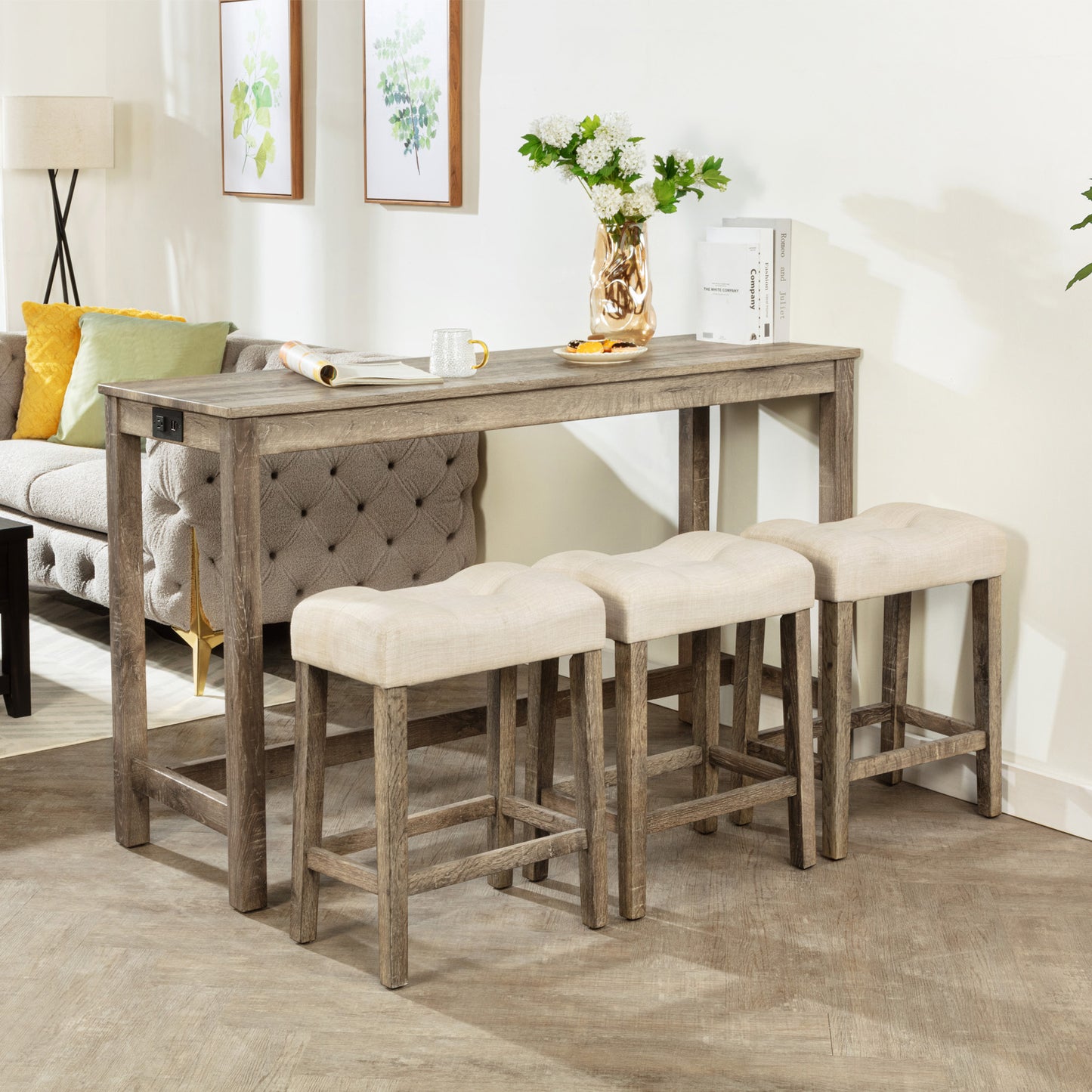 4-Piece Bar Table Set with Power Outlet, Dining Bar Table and Chairs Set,Bar Table Set with 3 Padded Stools for Living Room, Dining Room, Game Room, Brown