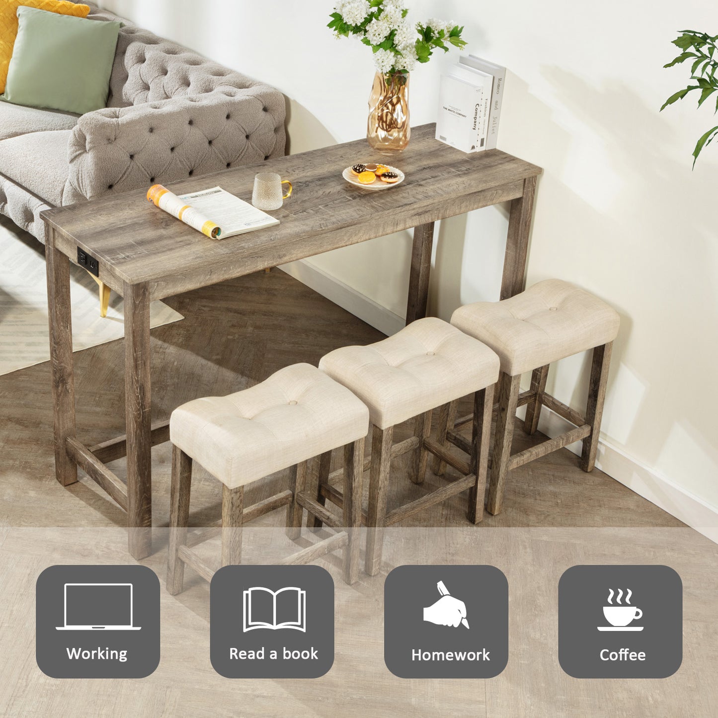 4-Piece Bar Table Set with Power Outlet, Dining Bar Table and Chairs Set,Bar Table Set with 3 Padded Stools for Living Room, Dining Room, Game Room, Brown