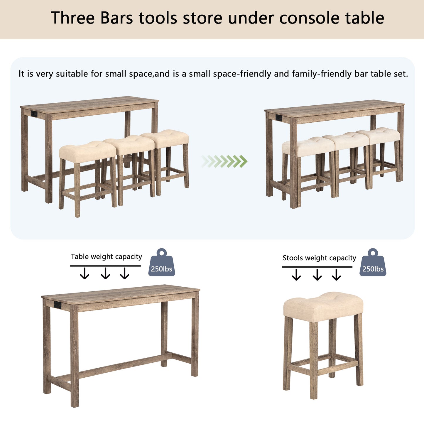 4-Piece Bar Table Set with Power Outlet, Dining Bar Table and Chairs Set,Bar Table Set with 3 Padded Stools for Living Room, Dining Room, Game Room, Brown