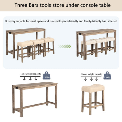 4-Piece Bar Table Set with Power Outlet, Dining Bar Table and Chairs Set,Bar Table Set with 3 Padded Stools for Living Room, Dining Room, Game Room, Brown