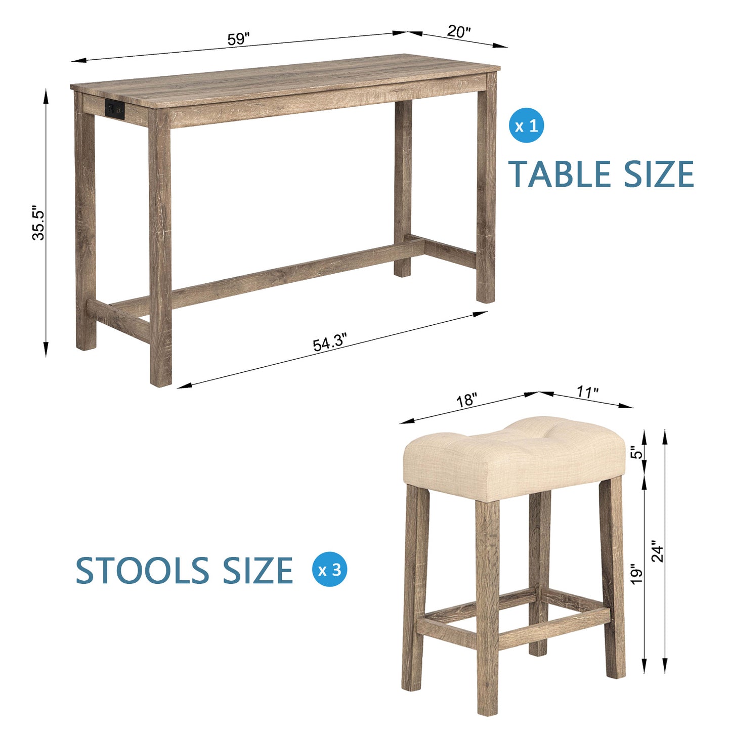 4-Piece Bar Table Set with Power Outlet, Dining Bar Table and Chairs Set,Bar Table Set with 3 Padded Stools for Living Room, Dining Room, Game Room, Brown