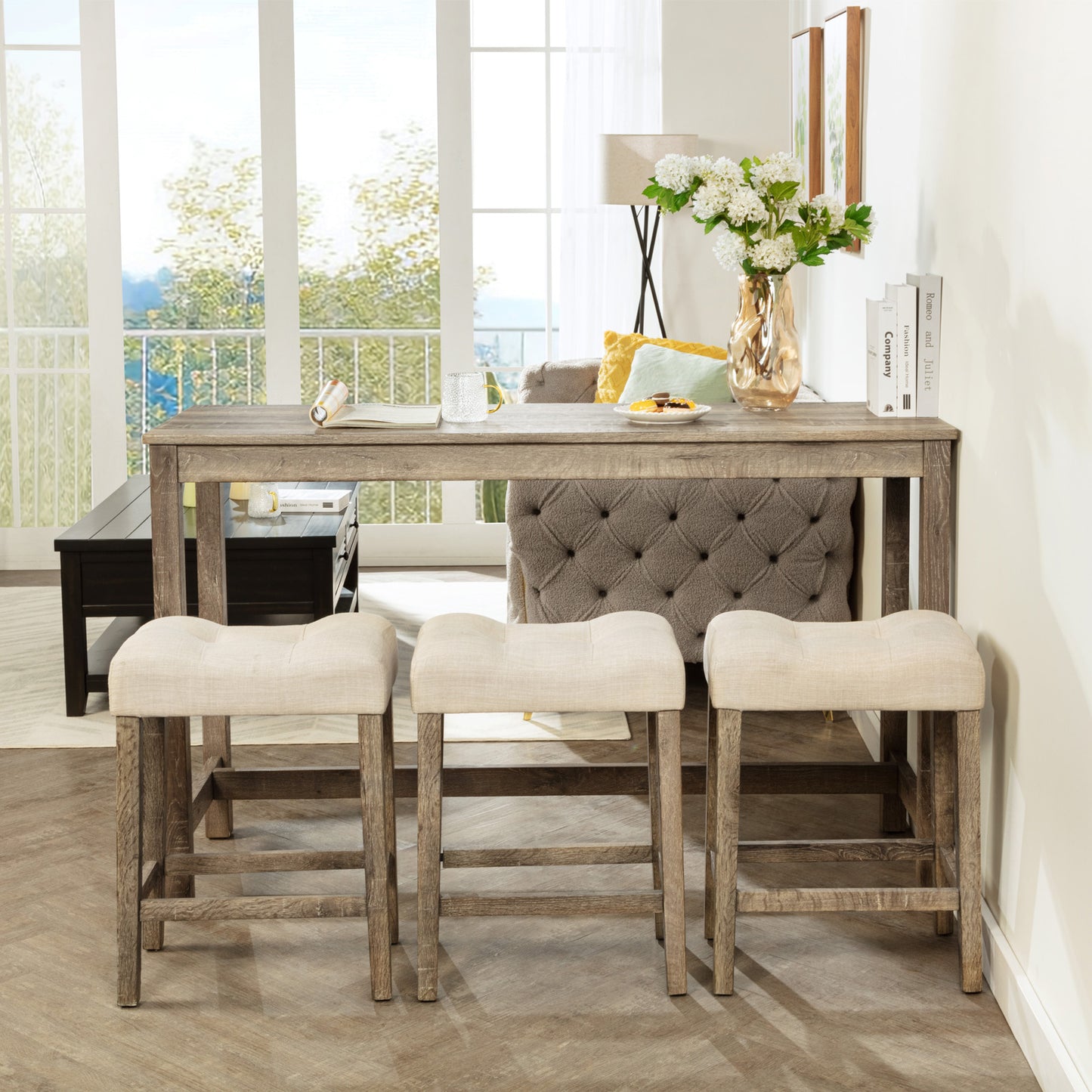 4-Piece Bar Table Set with Power Outlet, Dining Bar Table and Chairs Set,Bar Table Set with 3 Padded Stools for Living Room, Dining Room, Game Room, Brown