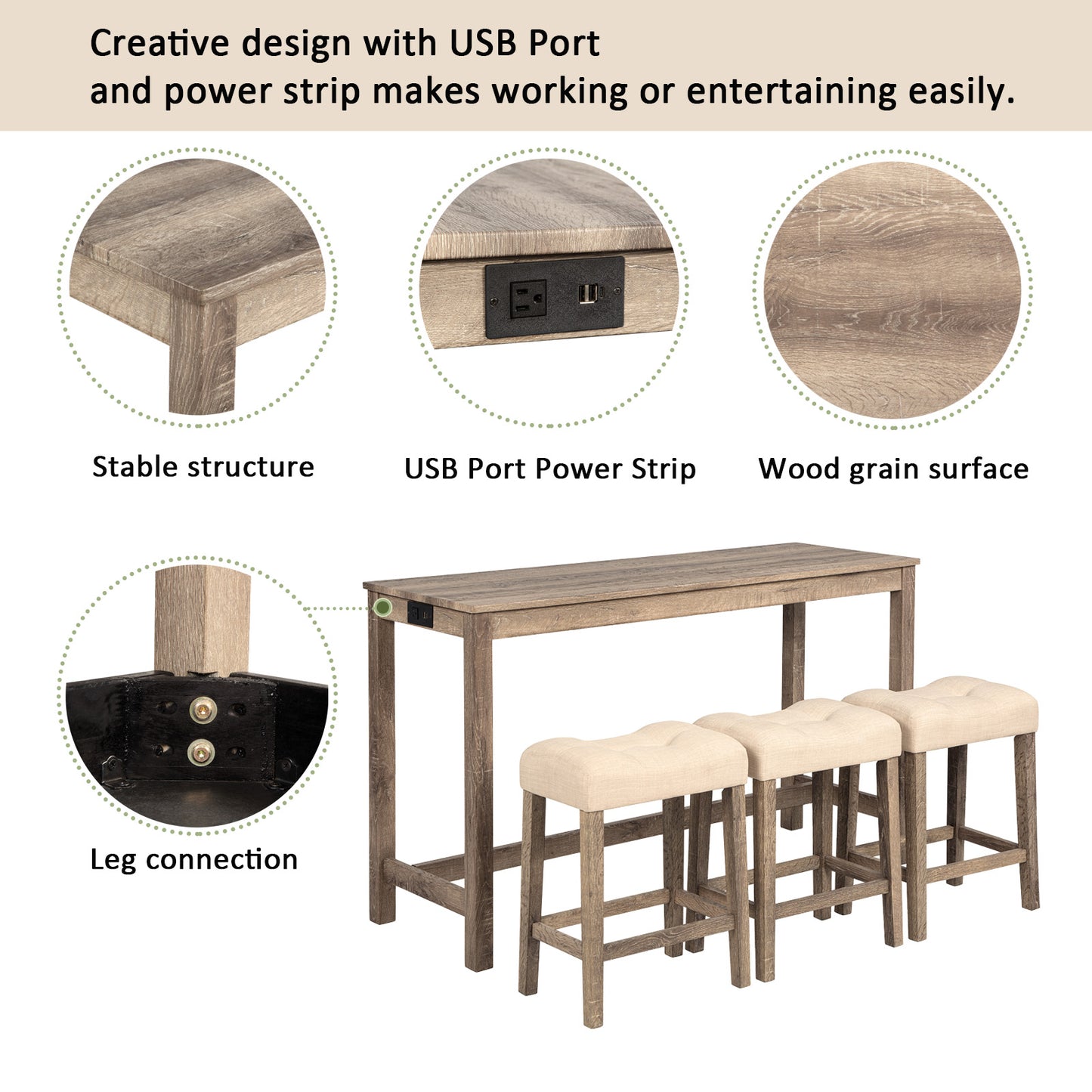 4-Piece Bar Table Set with Power Outlet, Dining Bar Table and Chairs Set,Bar Table Set with 3 Padded Stools for Living Room, Dining Room, Game Room, Brown