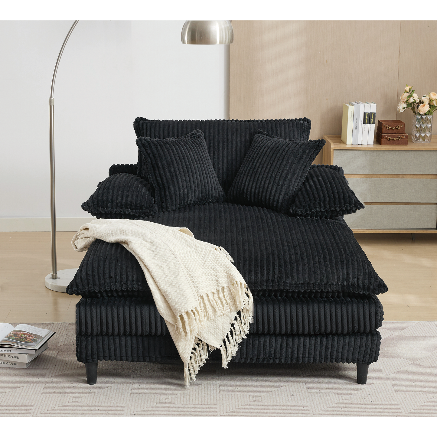 54.75" W Oversized Chaise Lounge Chair,Fluffy cushioned sofa bed,Deep Seat,Corduroy,2 Pillows,4 gears can be adjusted,Leisure Sleeper Sofa Chair for Living Room, Black