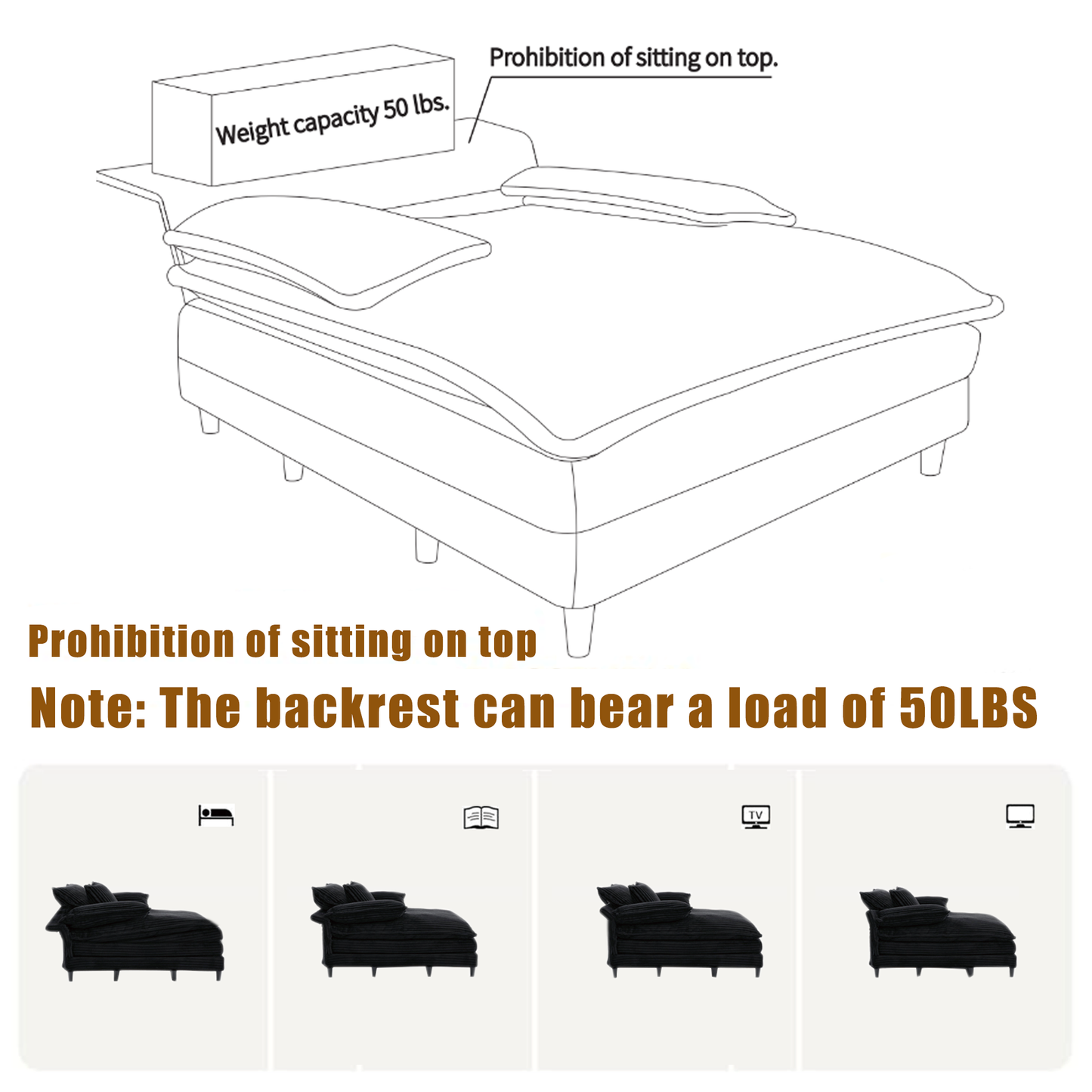 54.75" W Oversized Chaise Lounge Chair,Fluffy cushioned sofa bed,Deep Seat,Corduroy,2 Pillows,4 gears can be adjusted,Leisure Sleeper Sofa Chair for Living Room, Black