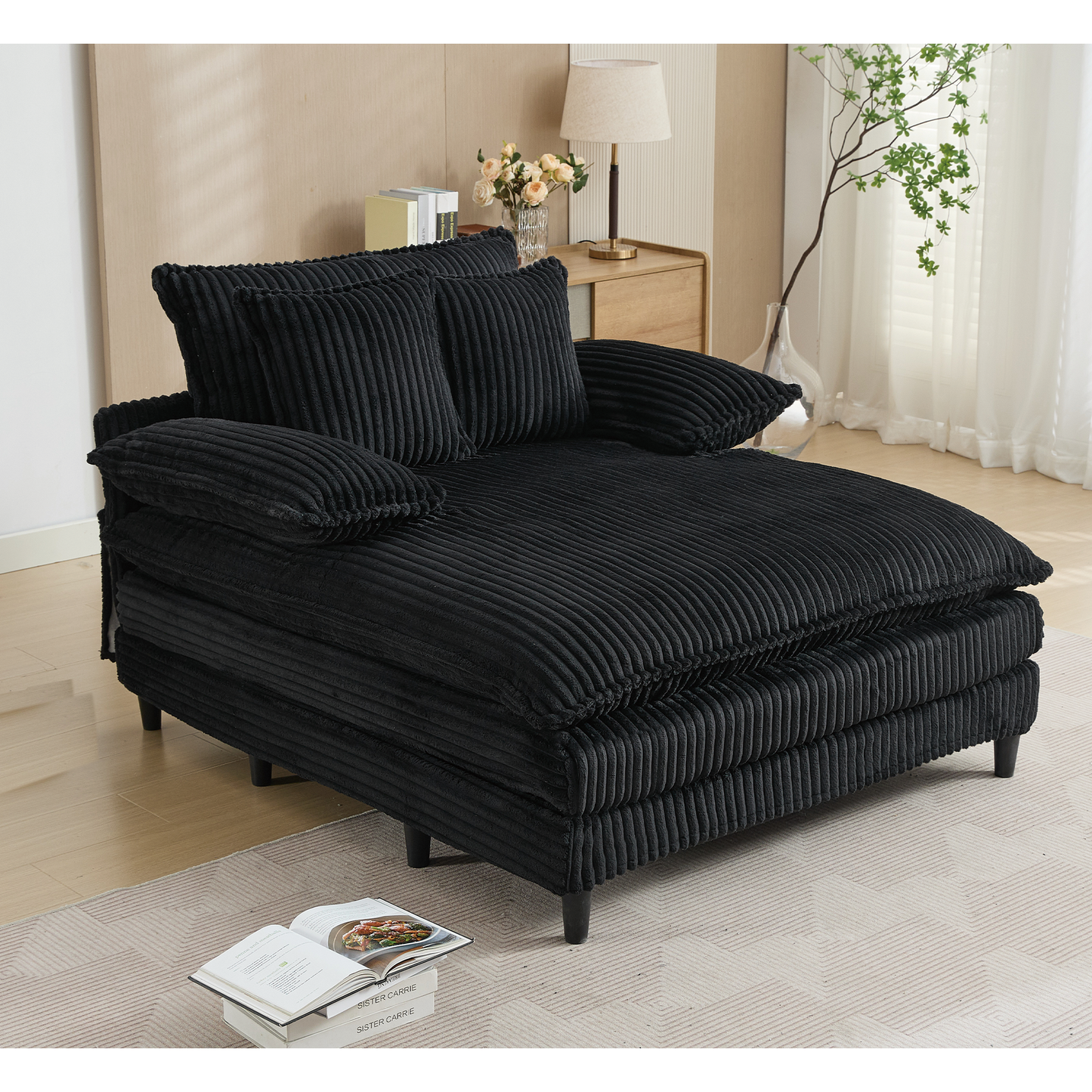 54.75" W Oversized Chaise Lounge Chair,Fluffy cushioned sofa bed,Deep Seat,Corduroy,2 Pillows,4 gears can be adjusted,Leisure Sleeper Sofa Chair for Living Room, Black
