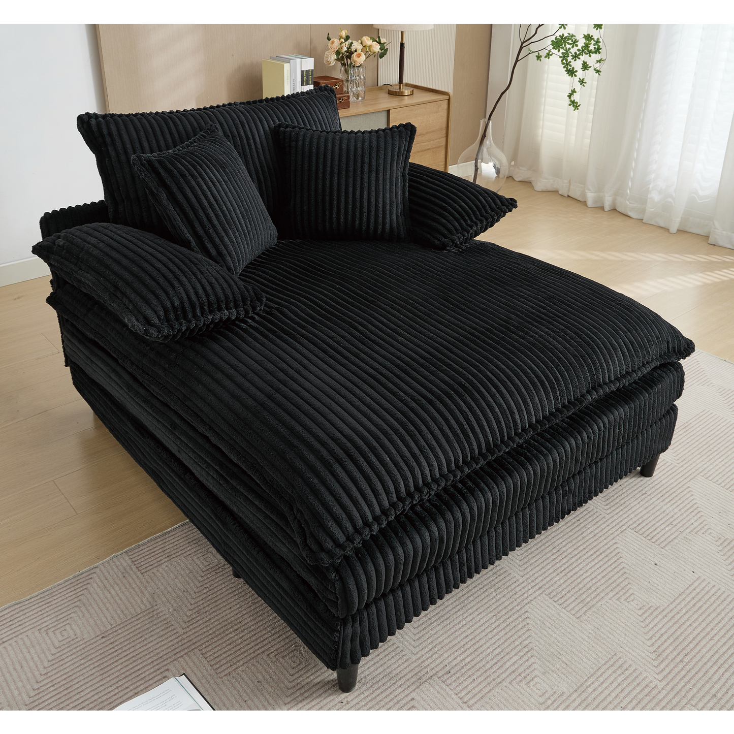 54.75" W Oversized Chaise Lounge Chair,Fluffy cushioned sofa bed,Deep Seat,Corduroy,2 Pillows,4 gears can be adjusted,Leisure Sleeper Sofa Chair for Living Room, Black