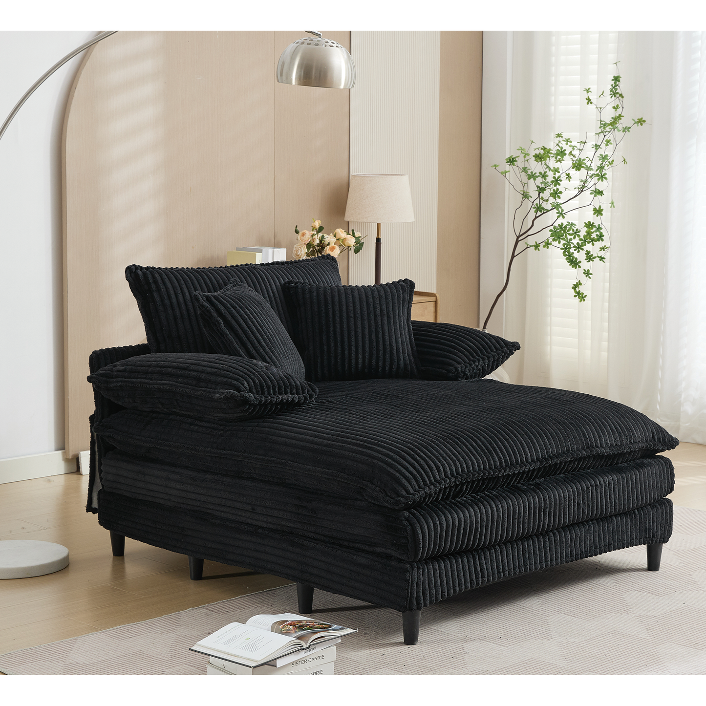 54.75" W Oversized Chaise Lounge Chair,Fluffy cushioned sofa bed,Deep Seat,Corduroy,2 Pillows,4 gears can be adjusted,Leisure Sleeper Sofa Chair for Living Room, Black